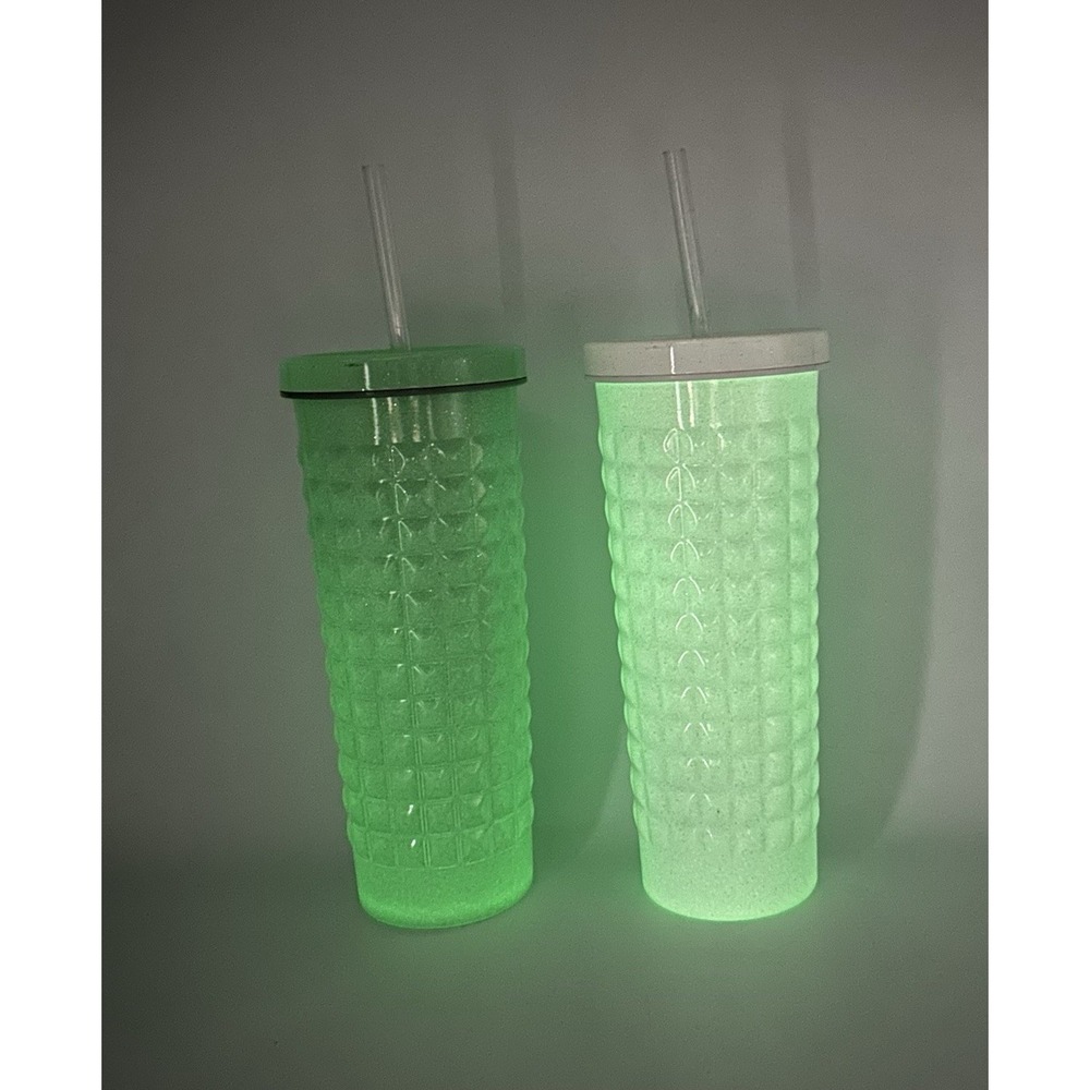 Pair of Metal Halloween Glow In The Dark Tumblers 24oz Each with Lids & Straws